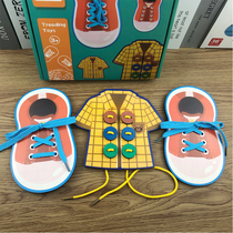 Children wear shoes with tie-laced toy teaching aids to practice kindergarten tie-laces fun jointed boards early to teach threading plates