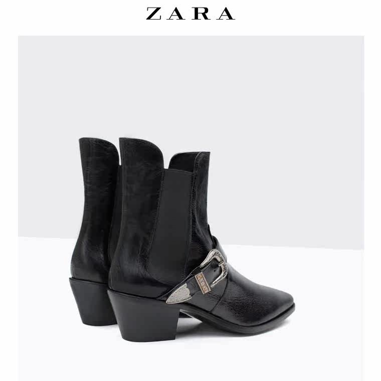 ZARA 女鞋 带扣高跟真皮短靴 16124001040