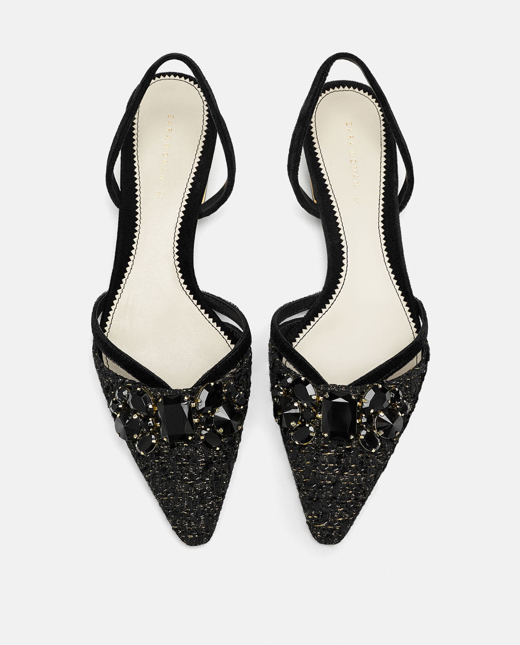 zara女鞋珠宝饰露跟黑色平底单鞋15510301040