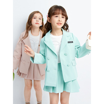 Girl Set 2021 Spring and Autumn New Tong Tong ecological leather skirt two-piece set children Korean version of foreign atmosphere College trend