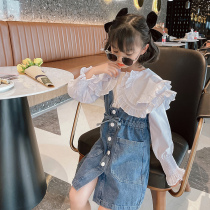 Childrens suit womens 2021 spring and autumn new girls  foreign style net red two-piece set of medium and large childrens strap skirt shirt combination