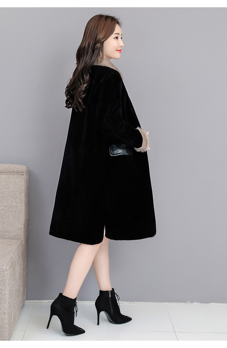 跨境外贸 复合皮毛一体皮草外套水貂毛领羊毛大衣女长款 微胖mm女