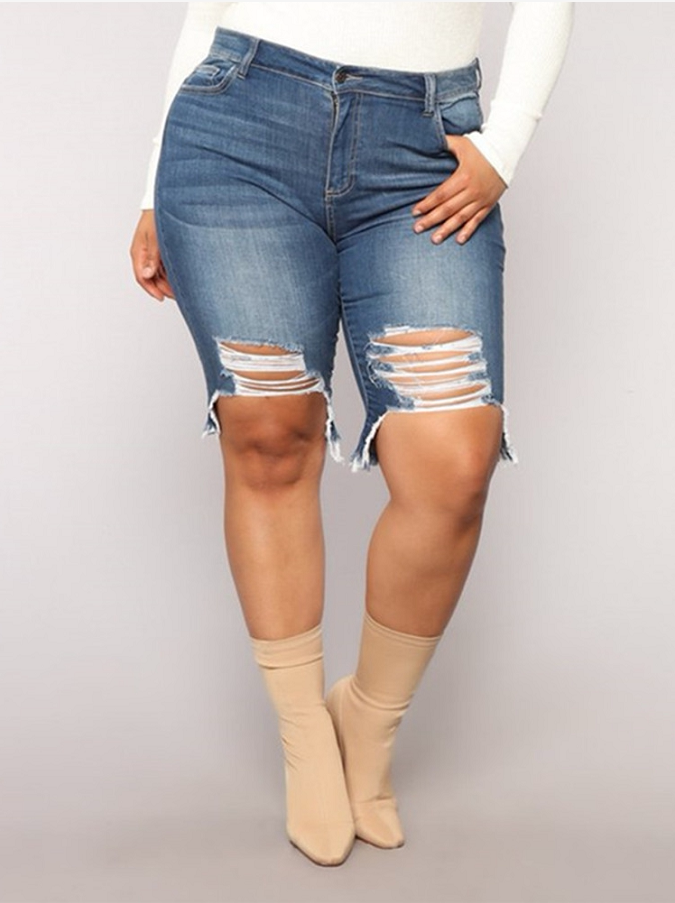 2019亚马逊特大码破洞牛仔中裤女