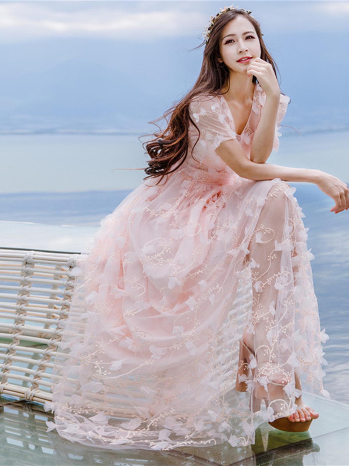 淡粉色欧根纱长裙,滴满满少女心!炒鸡飘逸~仙气.