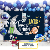 Astronaut space moon theme boy birthday decoration background poster banner custom name blue balloon chain