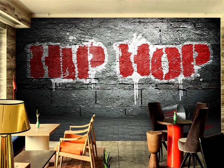手绘复古街头嘻哈涂鸦3d背景墙纸个性潮流抽象舞蹈教室街舞壁纸画