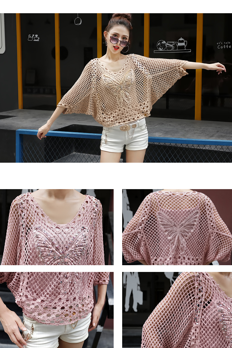 2018夏新款时尚宽松蕾丝衫蝙蝠衫女网状镂空钉珠雪纺衫百搭上衣女