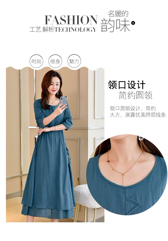 Mùa xuân và mùa thu năm 2021 Váy phụ nữ mới thời trang Hàn Quốc Dài tay Áo ren cổ tròn Chiều dài trung bình Váy cotton và vải lanh giản dị - váy đầm