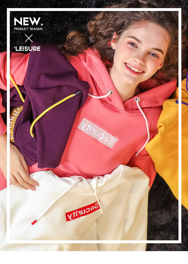 诗曼朵2018秋冬新品韩版长袖加绒加厚慵懒风刺绣口袋连帽卫衣女_3折