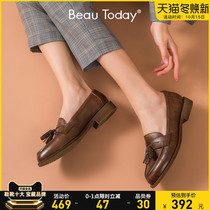 BeauToday thick soles shoes women Spring and Autumn retro British small leather shoes flat thick heel French single shoes Brown