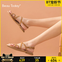 BeauToday2021 summer new leather straps Roman sandals flat shoes women shoes fairy wind outside wear