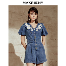 MAXRIENY embroidered princess jumpsuit 2021 summer new women denim shorts sweet foreign jeans