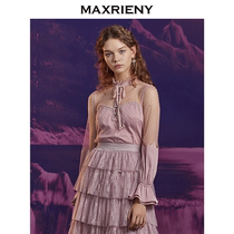 MAXRIENY season fashion polka dot hollow mesh lace shirt temperament lace-up long-sleeved chiffon shirt women