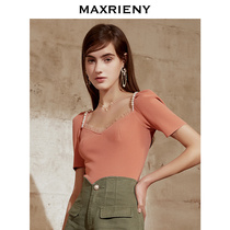 MAXRIENY solid color short-sleeved sweater 2021 summer new womens sweater Western style square collar slim top thin