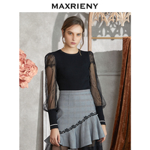 MAXRIENY2020 autumn new round neck lantern sleeve pullover temperament slim mesh stitching sweater