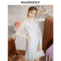 MAXRIENY 2020 autumn new round neck temperament long-sleeved fishtail dress retro light luxury glitter lace dress