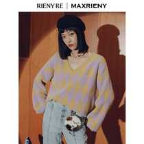 (RIENYRE series)MAXRIENY2020 winter new color contrast stripe V-neck pullover sweater women