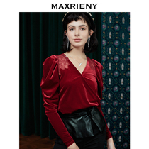 MAXRIENY2020 autumn and winter New retro long sleeve V collar top female niche design sense fashion temperament high end
