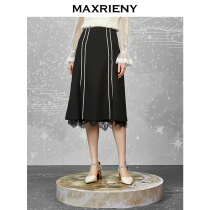 MAXRIENY new black beaded A-line skirt female high waist lace mid-length skirt