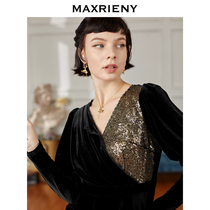 MAXRIENY2020 winter new retro V-neck pullover slim fit irregular hem light luxury design top women