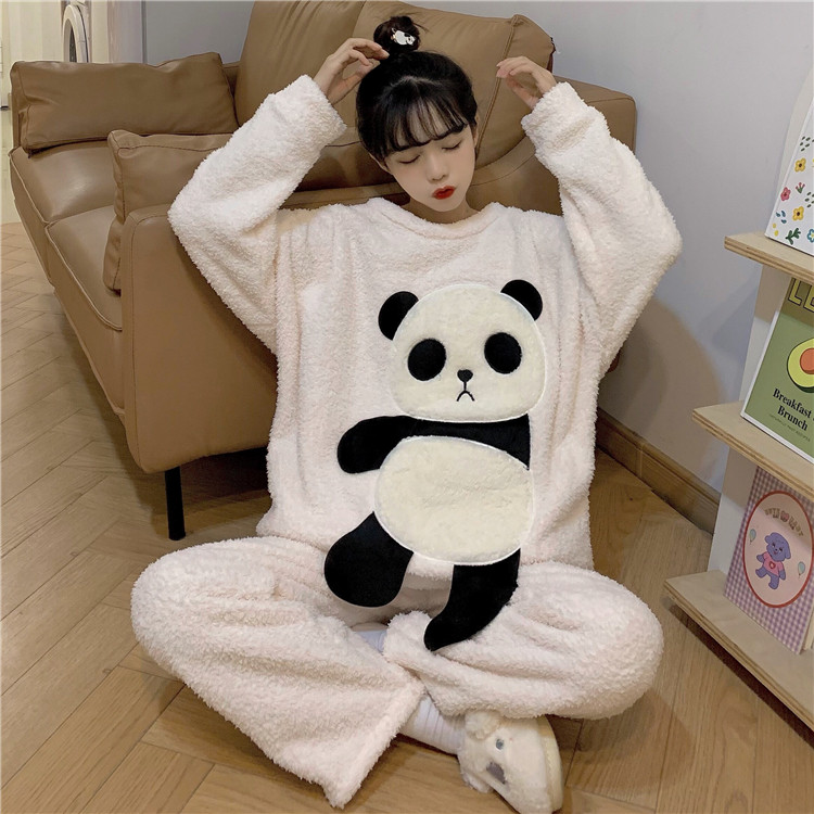 秋季ins毛绒绒可爱熊猫睡衣休闲女士学生家居服两件套