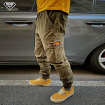 Nuclear Explosion Army Green Outdoor Casual Tapered Long Pants Large Size Mid Waist Tightness Drawing Rope Lace Bunch Foot Multiple Bag Pants Man