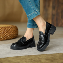Small leather shoes female Inn Wind 2021 new spring fall womens shoes Single shoe coarse heel thick bottom 100 hitch a foot pedal Lefoshoe