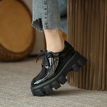 Small Leather Shoes Woman Pine Cake Thick Base Single Shoes 2021 Spring Autumn Season New 100 Lap Lacquered Leather Lacing Yinglen College Wind