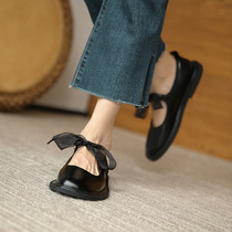 Butterfly Knots Mary Treasures Shoes Woman Flat Bottom Retro 2021 New Inn Low heel Round Head Single Shoes Woman Summer Jk Small Leather Shoes