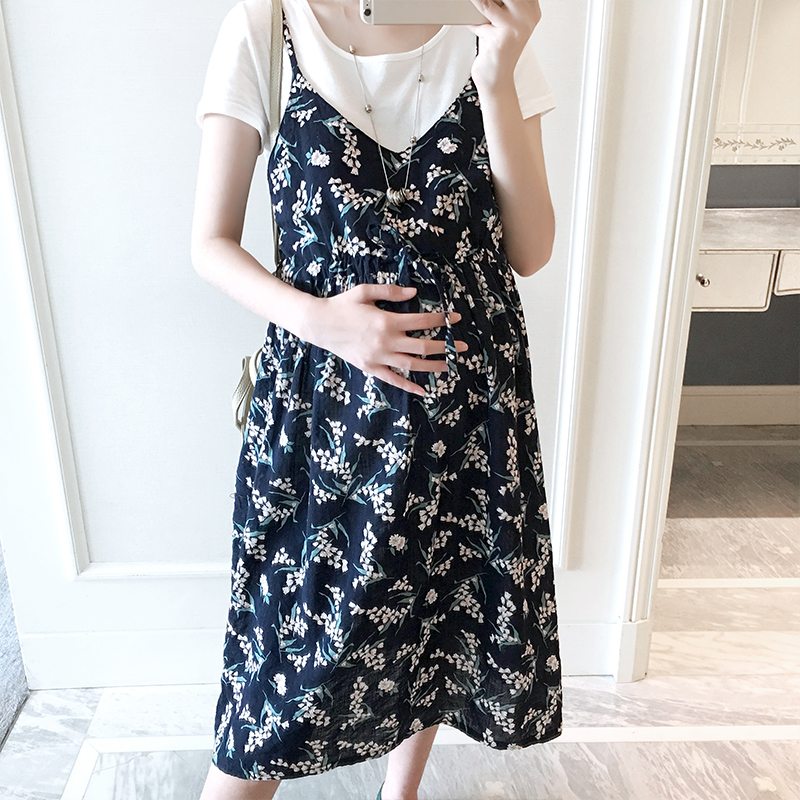 孕妇连衣裙夏季两件套白色短袖打底衫印花吊带裙怀孕期孕妇装夏装