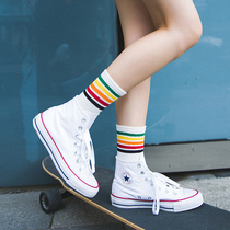 Summer rainbow strip middle tube mens and womens road mountain bike riding socks Hiking running sports deodorant cotton socks