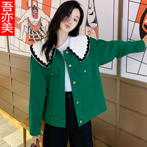 Knit Doll Collar Green Short Coat Woman Spring 2022 New Korean Version Loose 100 Hitch Navy Collar Denim Jacket