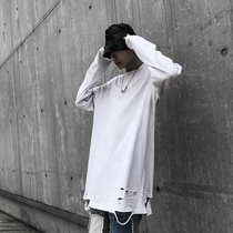 ins high street hole base shirt hem solid color inboard wear hip hop autumn oversize long sleeve T-shirt men tide