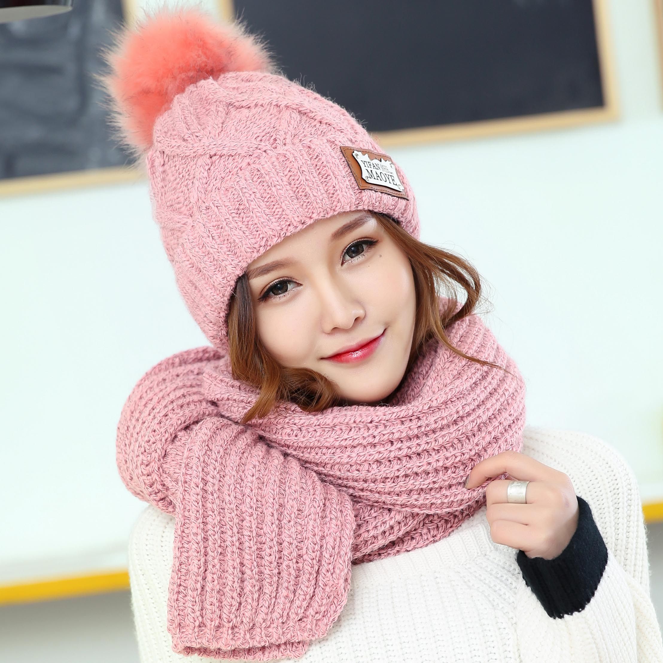 帽子女冬围巾两件套女休闲百搭韩版针织帽冬季加绒韩国毛线帽秋冬