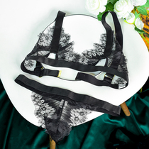 Summer lace underwear set fashion European and American sexy transparent ultra-thin no steel ring bandage bra pure black temptation