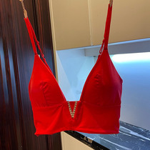 European and American style big deep V inner sling bra set without steel ring big chest small glossy face red womens underwear