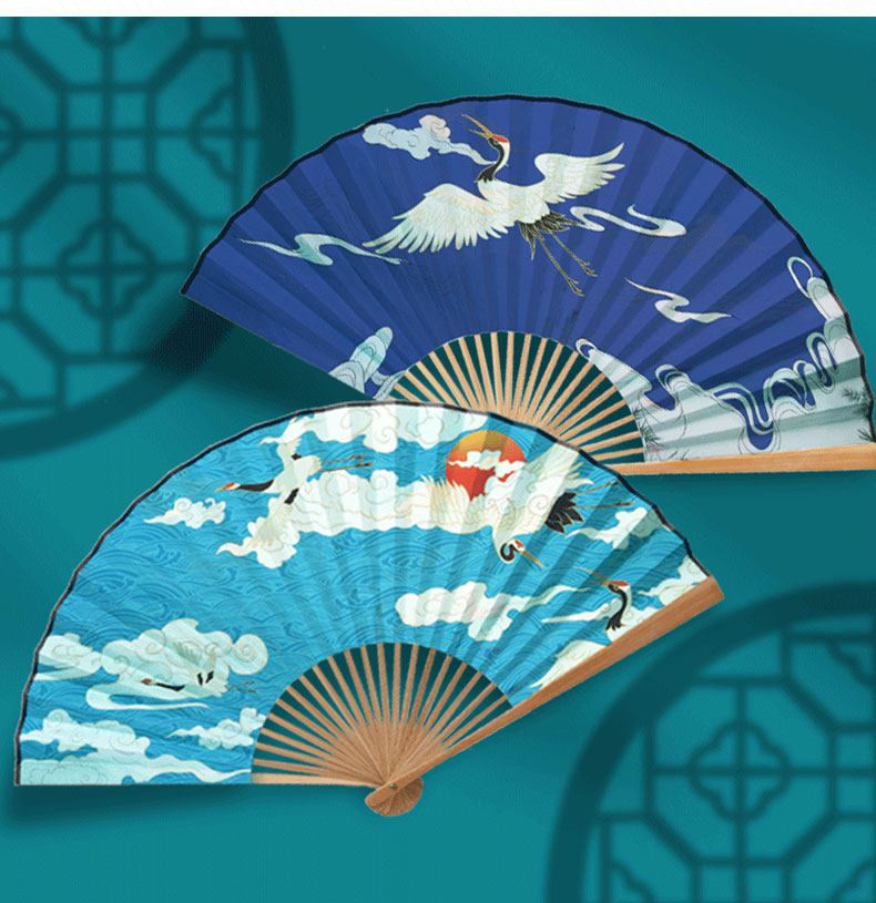 国潮扇子夏中国风古风女网红折扇蹦迪转扇装备男仙鹤竹扇布面