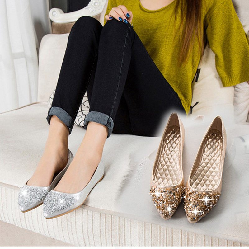 尖头单鞋女平底浅口亮片水钻时尚女鞋2018新