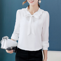 2021 Spring Summer New bow lace-up shirt women long sleeve slim Joker white chiffon shirt sweet temperament