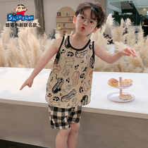 Grease Pencil Little New Kids Pajamas Boys Summer Thin Sleeveless Pure Cotton Vest Middle Large Kids Boys Summer Set