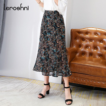  Chiffon floral skirt Womens summer fishtail skirt Printed skirt hip skirt Mid-length plus size retro A-line long skirt