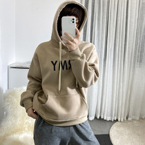 2020 autumn and winter New joker loose retro simple plus velvet warm hooded drawstring letter sweater women tide INS