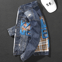 Handsome 2020 New products Design Geometric Sticking Cloth Collision Color Denim Jacket Jacket Man Spring Autumn Trend Locomotive Clothes Embroidery