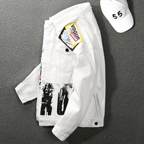 AA handsome white denim jacket mens spring autumn new paint patches Korean version trendy vest jacket blouses male tide