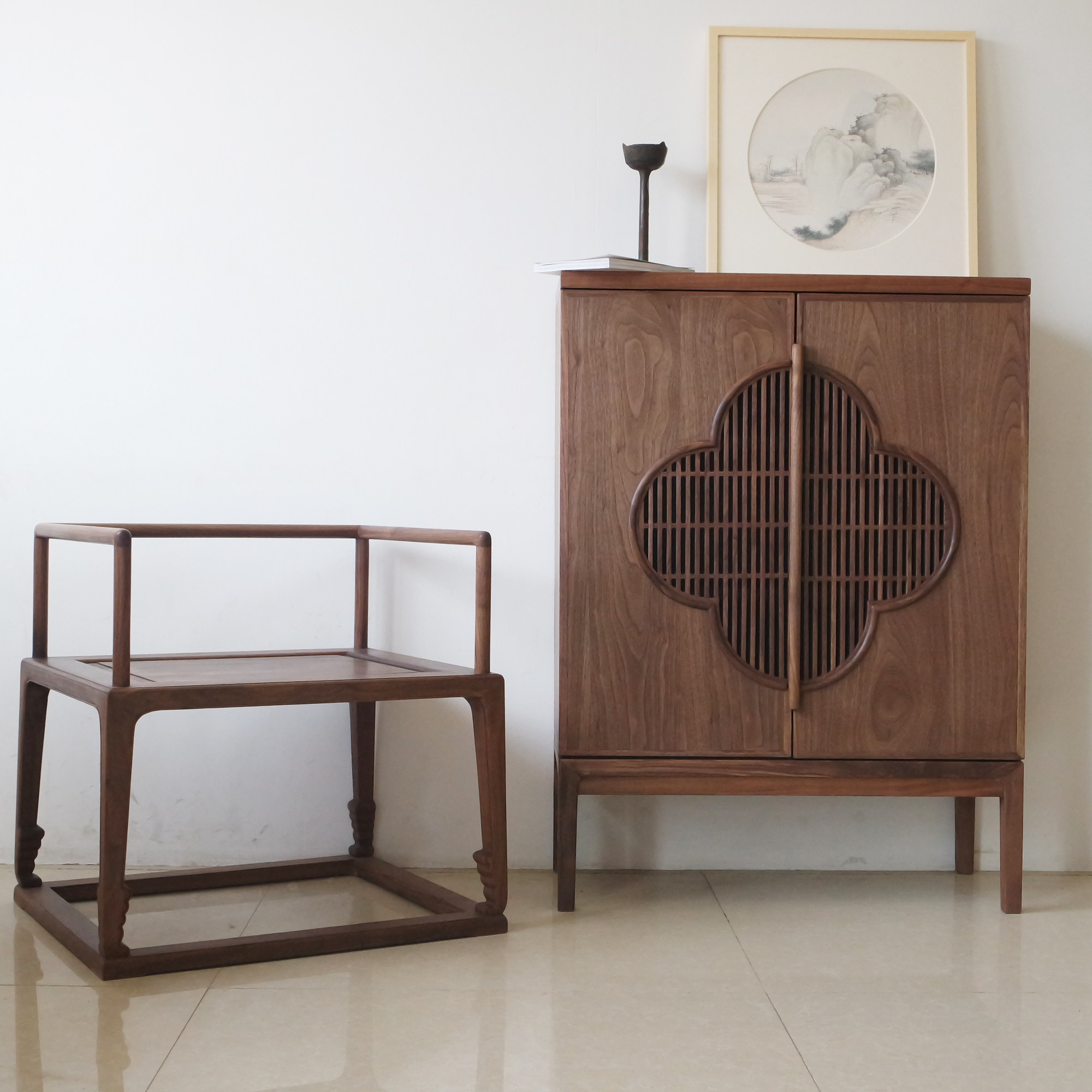 暖家中式黑胡桃鞋柜玄关柜实木设计梅花柜储物柜明式茶柜禅意家具_7折