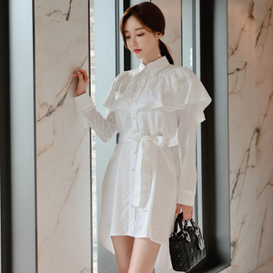 7339 autumn 2020 new Korean style style stitching Ruffle lace up waist shirt skirt fashion dress