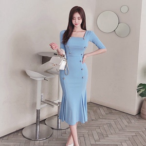 Two piece summer fit Korean double breasted Knitted Top with fish tail Skirt Set