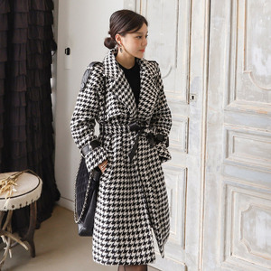 Korean casual style suit collar lace up thousand bird grid woolen coat coat coat