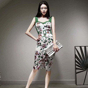 Summer dress Korean version of lady’s temperament slim fit single breasted color matching printed buttock dress for wome