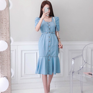 Summer Korean style mid length single breasted Ruffle denim dress